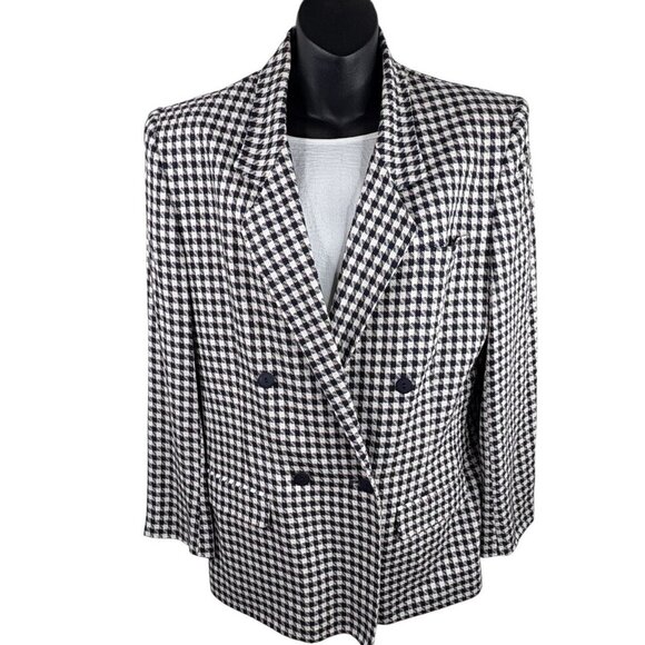 VTG USA 80s Checkered David Brooks Blazer 4 Button Front Navy White Women’s 14 - Picture 1 of 14